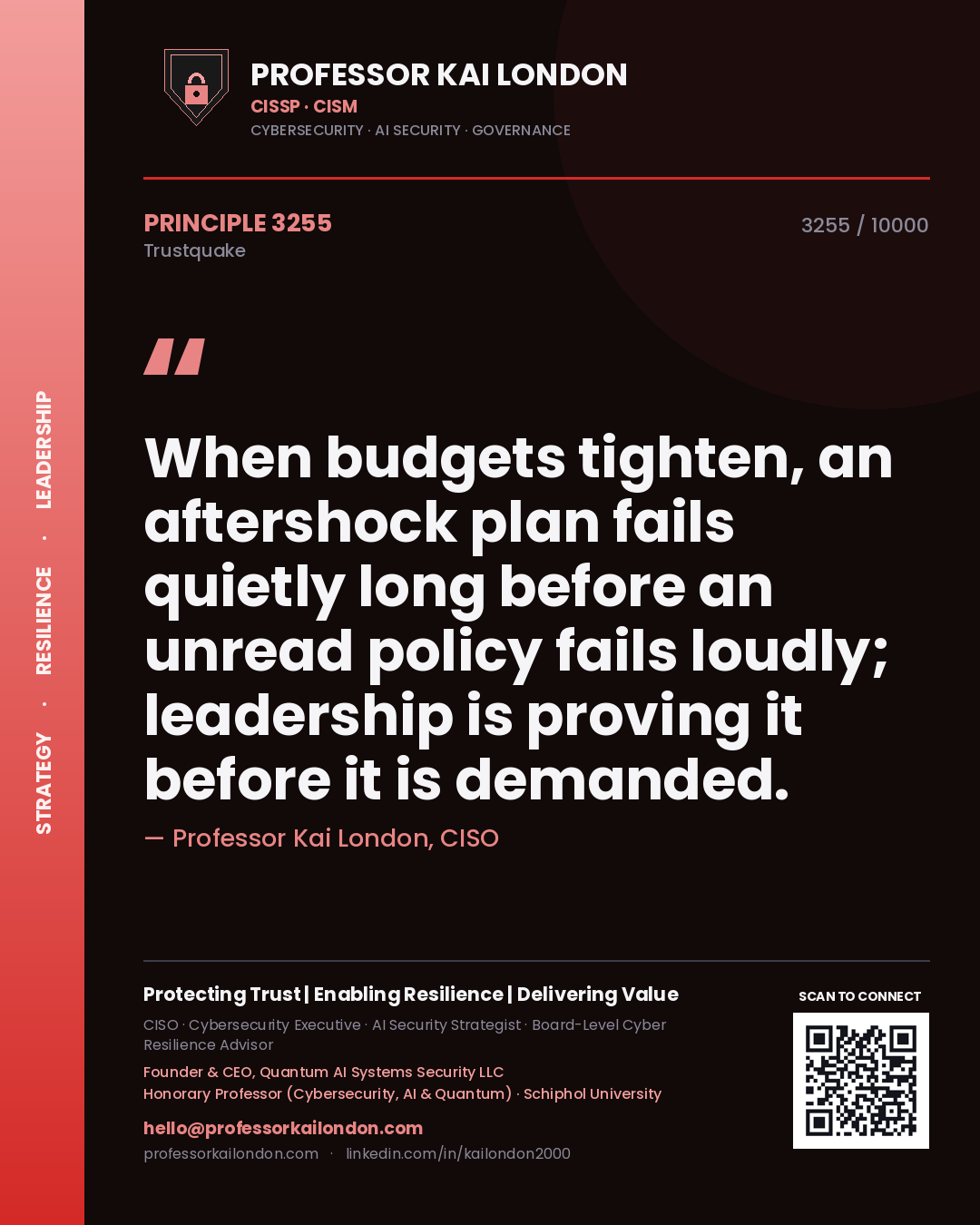 Quote card by Professor Kai London reading 'When budgets tighten, an aftershock plan fails quietly long before an unread policy fails loudly; leadership is proving it before it is demanded.'. From the book Trustquake.