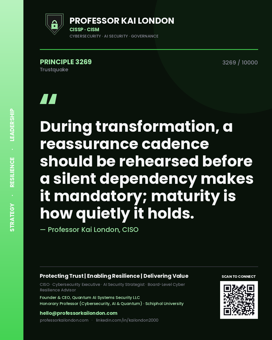Quote card by Professor Kai London reading 'During transformation, a reassurance cadence should be rehearsed before a silent dependency makes it mandatory; maturity is how quietly it holds.'. From the book Trustquake.
