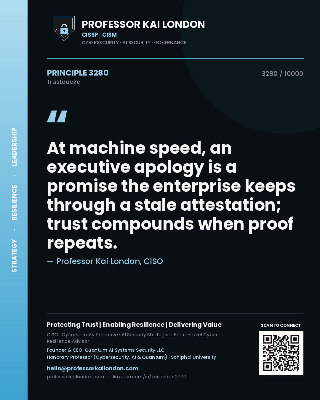 Quote card by Professor Kai London reading 'At machine speed, an executive apology is a promise the enterprise keeps through a stale attestation; trust compounds when proof repeats.'. From the book Trustquake.