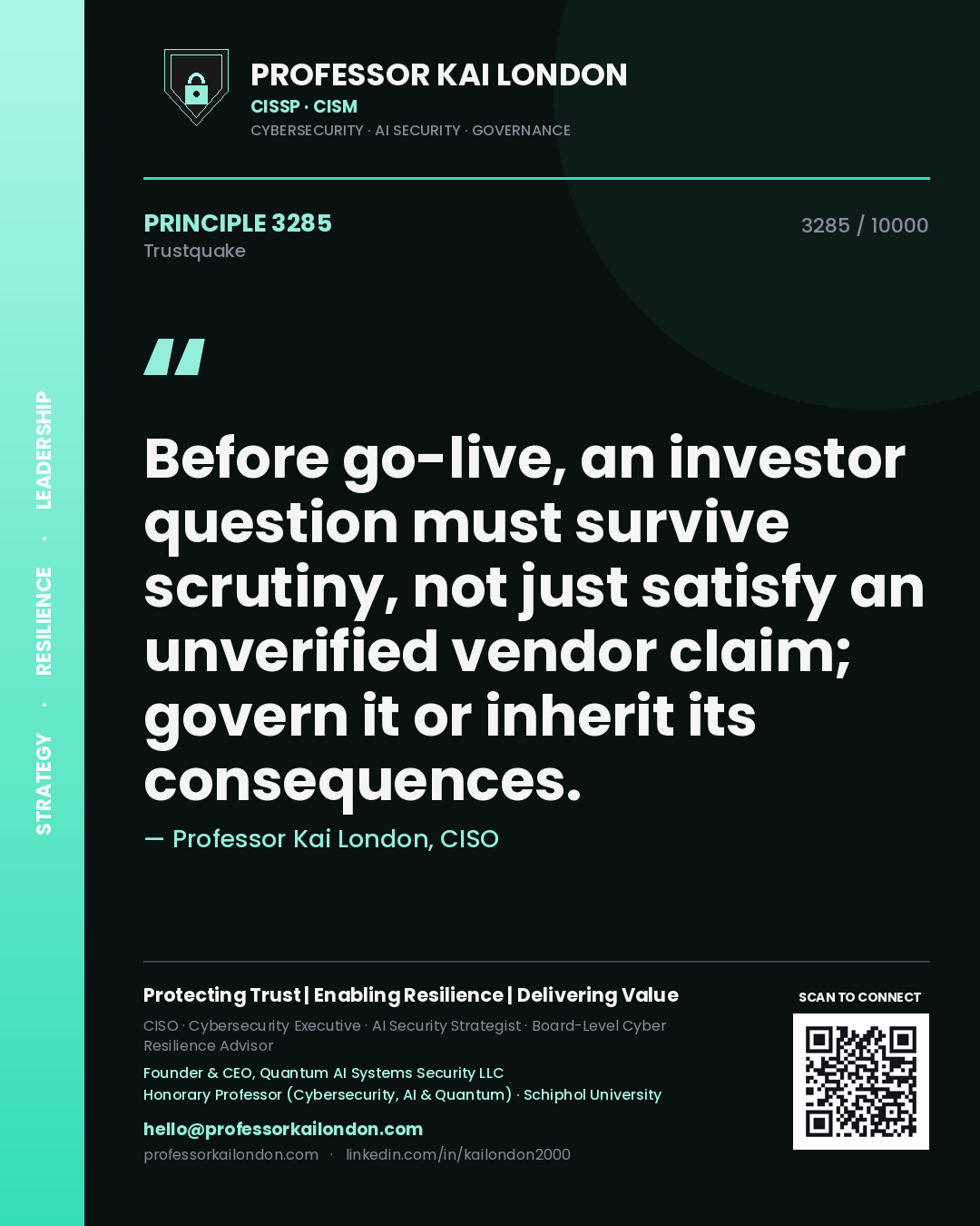 Quote card by Professor Kai London reading 'Before go-live, an investor question must survive scrutiny, not just satisfy an unverified vendor claim; govern it or inherit its consequences.'. From the book Trustquake.