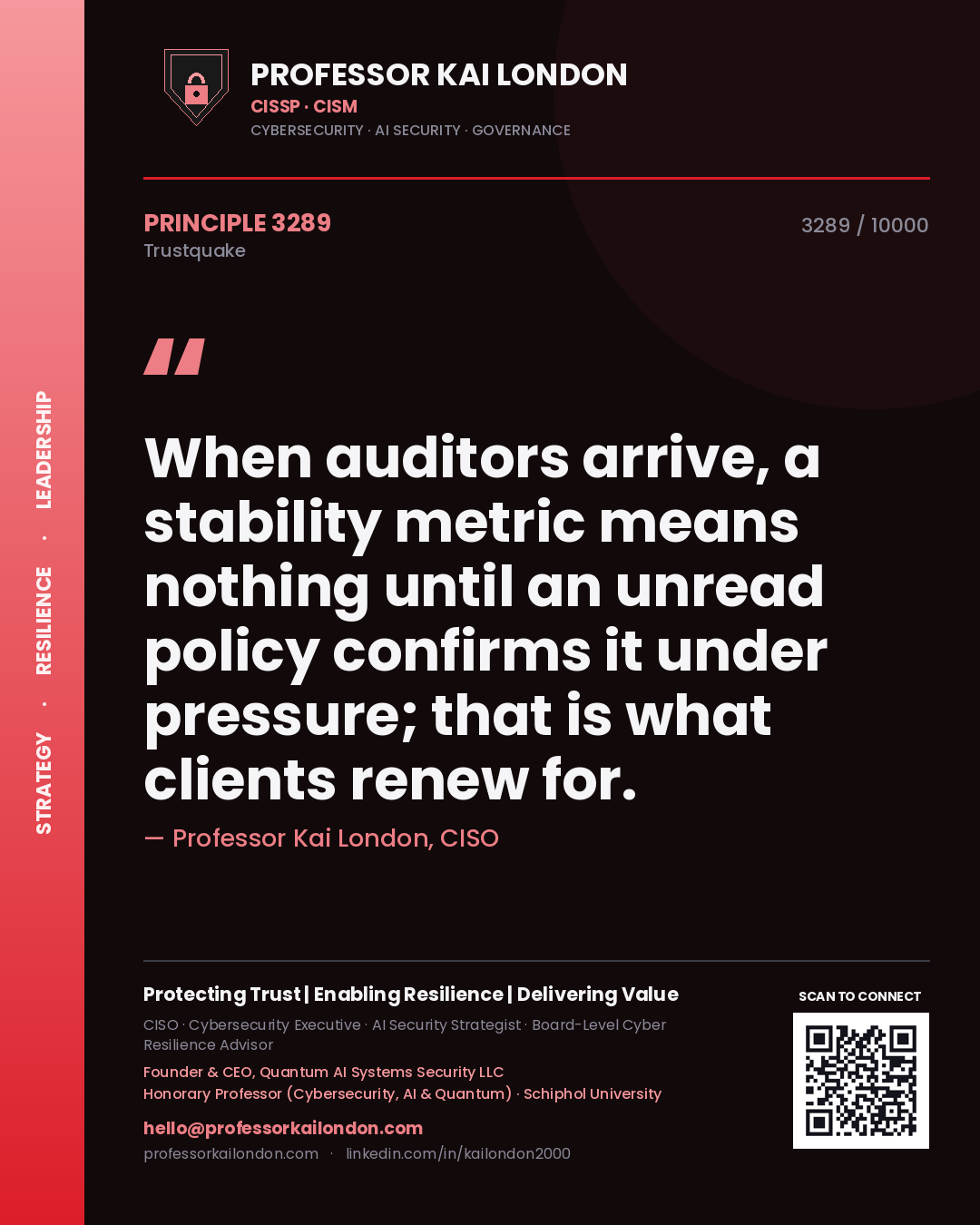 Quote card by Professor Kai London reading 'When auditors arrive, a stability metric means nothing until an unread policy confirms it under pressure; that is what clients renew for.'. From the book Trustquake.