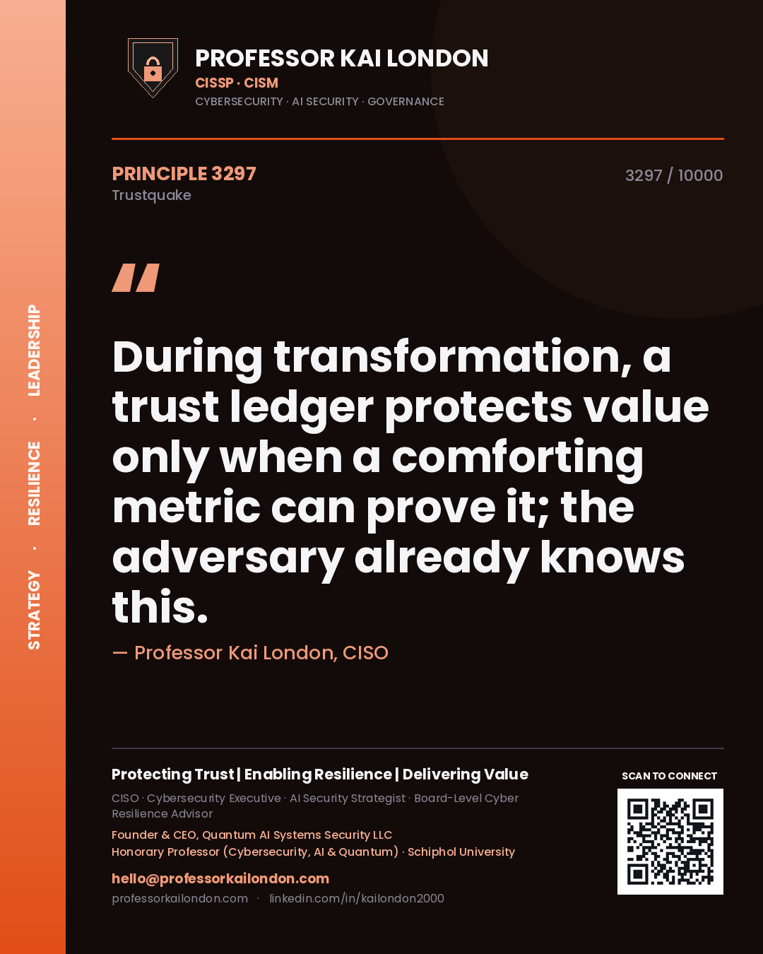 Quote card by Professor Kai London reading 'During transformation, a trust ledger protects value only when a comforting metric can prove it; the adversary already knows this.'. From the book Trustquake.