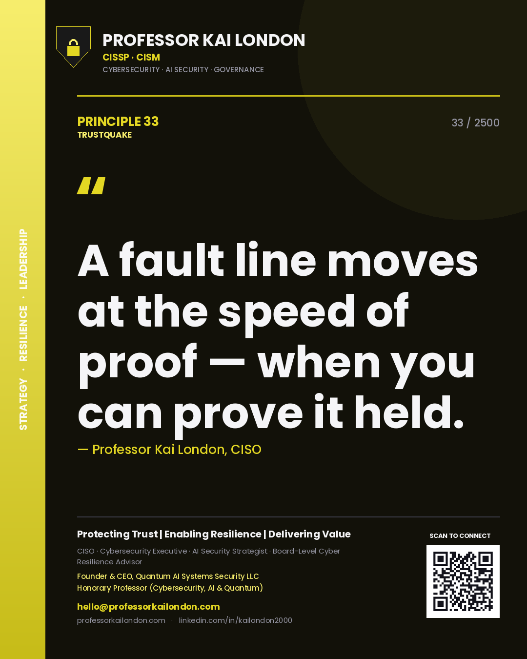 Quote card by Professor Kai London reading 'A fault line moves at the speed of proof — when you can prove it held.'. From the book Trustquake.