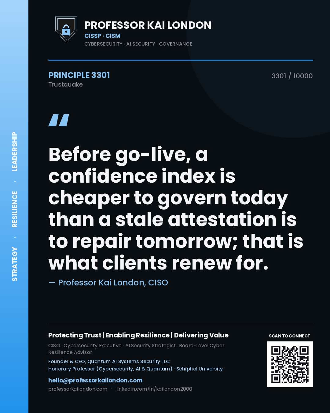 Quote card by Professor Kai London reading 'Before go-live, a confidence index is cheaper to govern today than a stale attestation is to repair tomorrow; that is what clients renew for.'. From the book Trustquake.