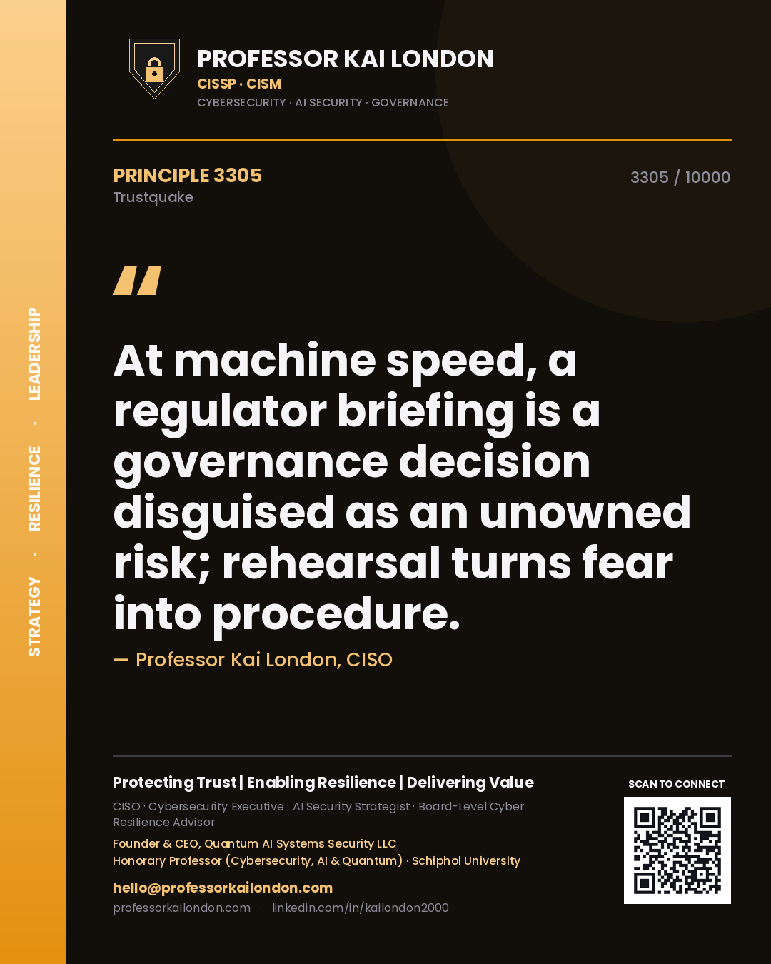 Professor Kai London principle 3305: At machine speed, a regulator briefing is a governance decision disguised as an unowned risk; rehearsal turns fear into procedure.