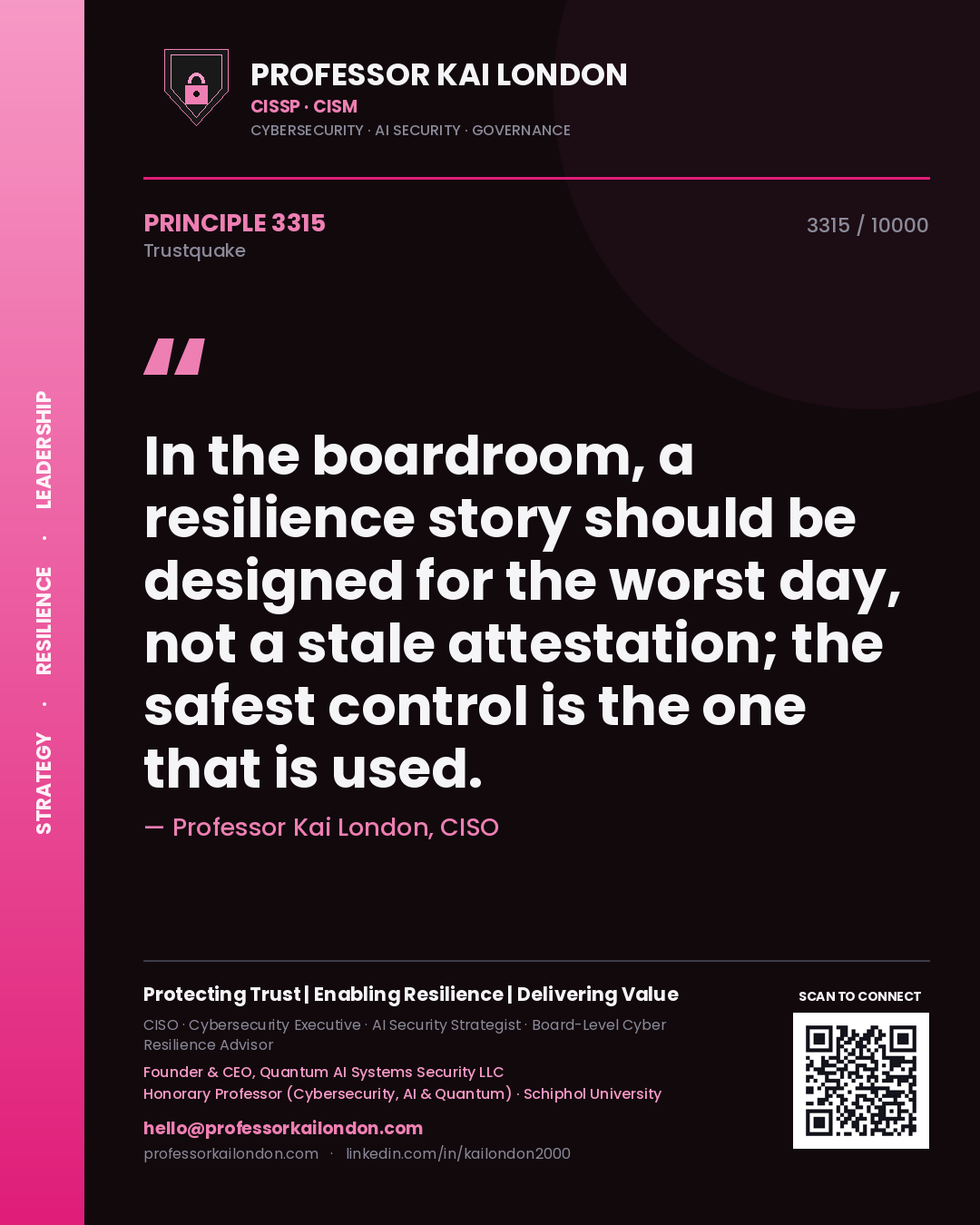 Quote card by Professor Kai London reading 'In the boardroom, a resilience story should be designed for the worst day, not a stale attestation; the safest control is the one that is used.'. From the book Trustquake.