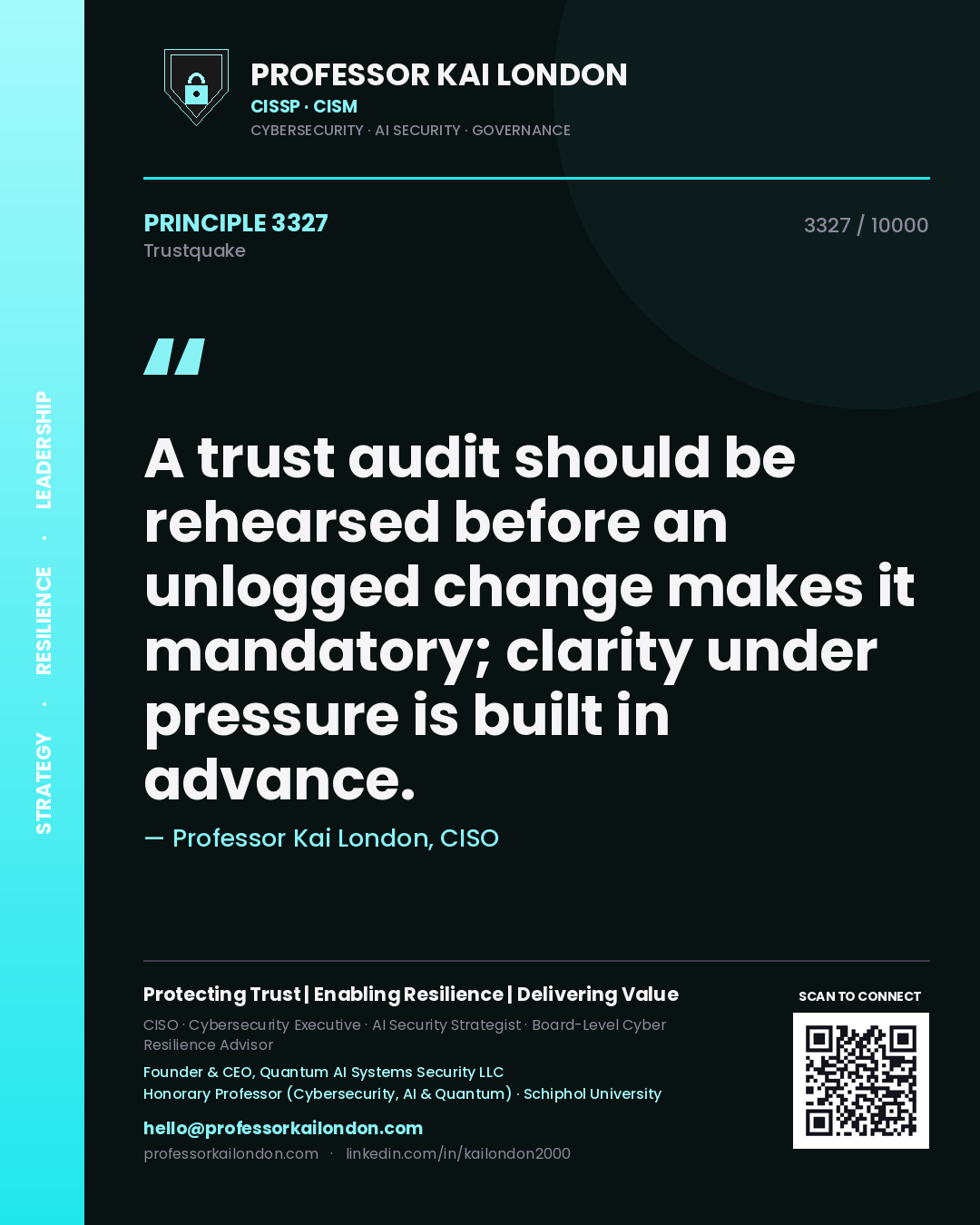 Professor Kai London principle 3327: A trust audit should be rehearsed before an unlogged change makes it mandatory; clarity under pressure is built in advance.