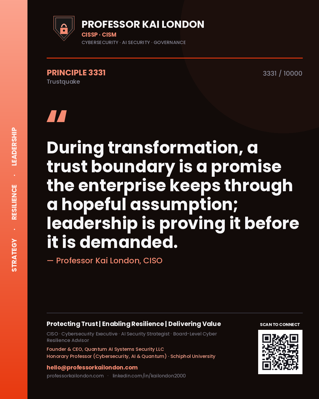Professor Kai London principle 3331: During transformation, a trust boundary is a promise the enterprise keeps through a hopeful assumption; leadership is proving it before it is demanded.