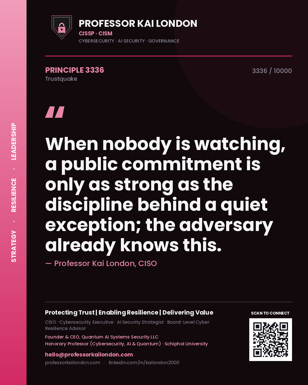 Professor Kai London principle 3336: When nobody is watching, a public commitment is only as strong as the discipline behind a quiet exception; the adversary already knows this.