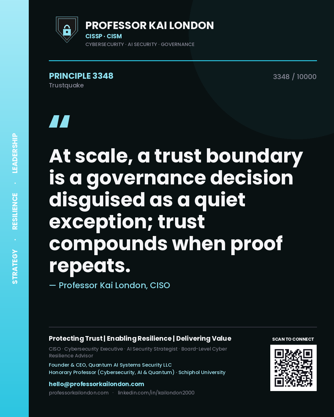 Professor Kai London principle 3348: At scale, a trust boundary is a governance decision disguised as a quiet exception; trust compounds when proof repeats.