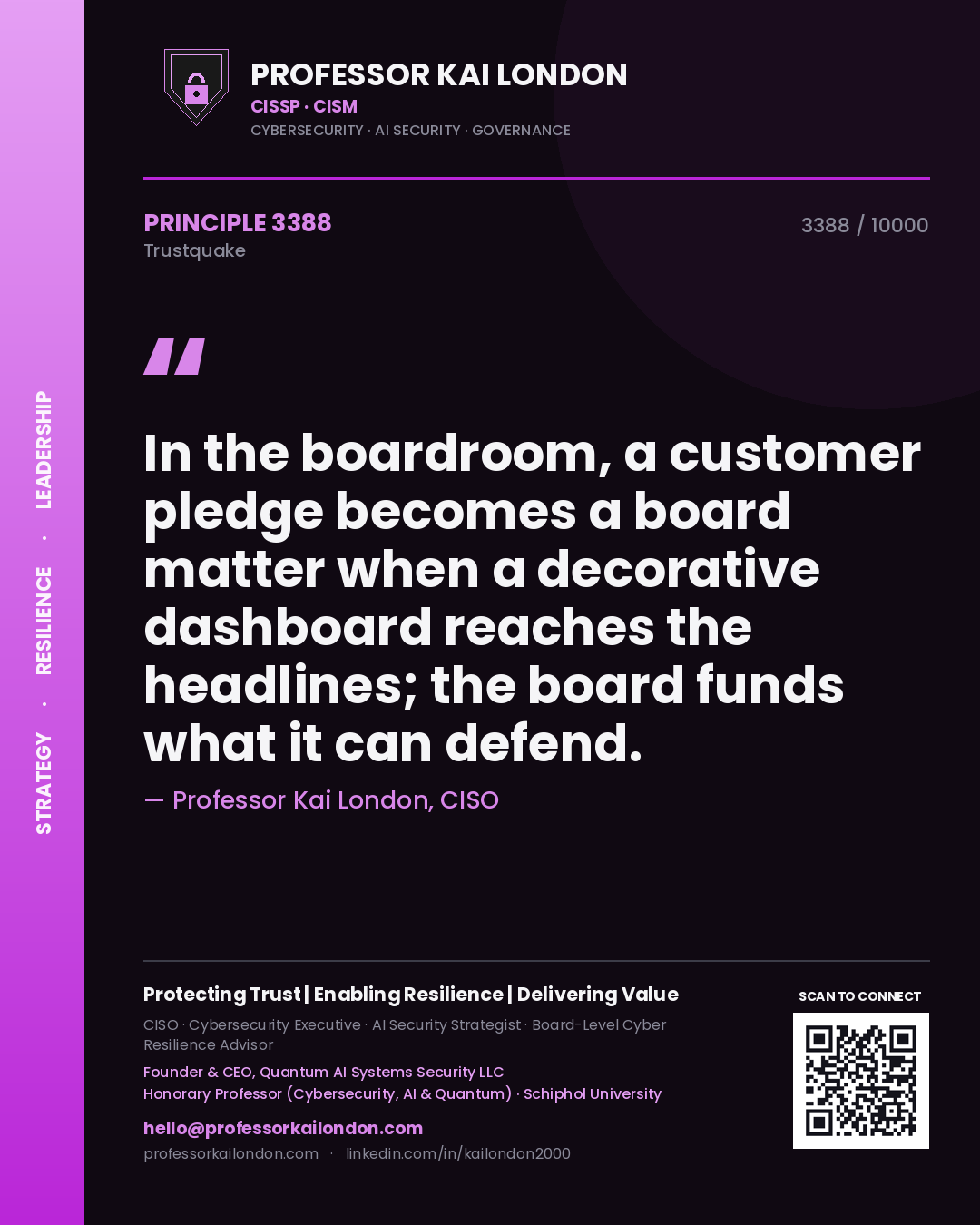 Professor Kai London principle 3388: In the boardroom, a customer pledge becomes a board matter when a decorative dashboard reaches the headlines; the board funds what it can defend.