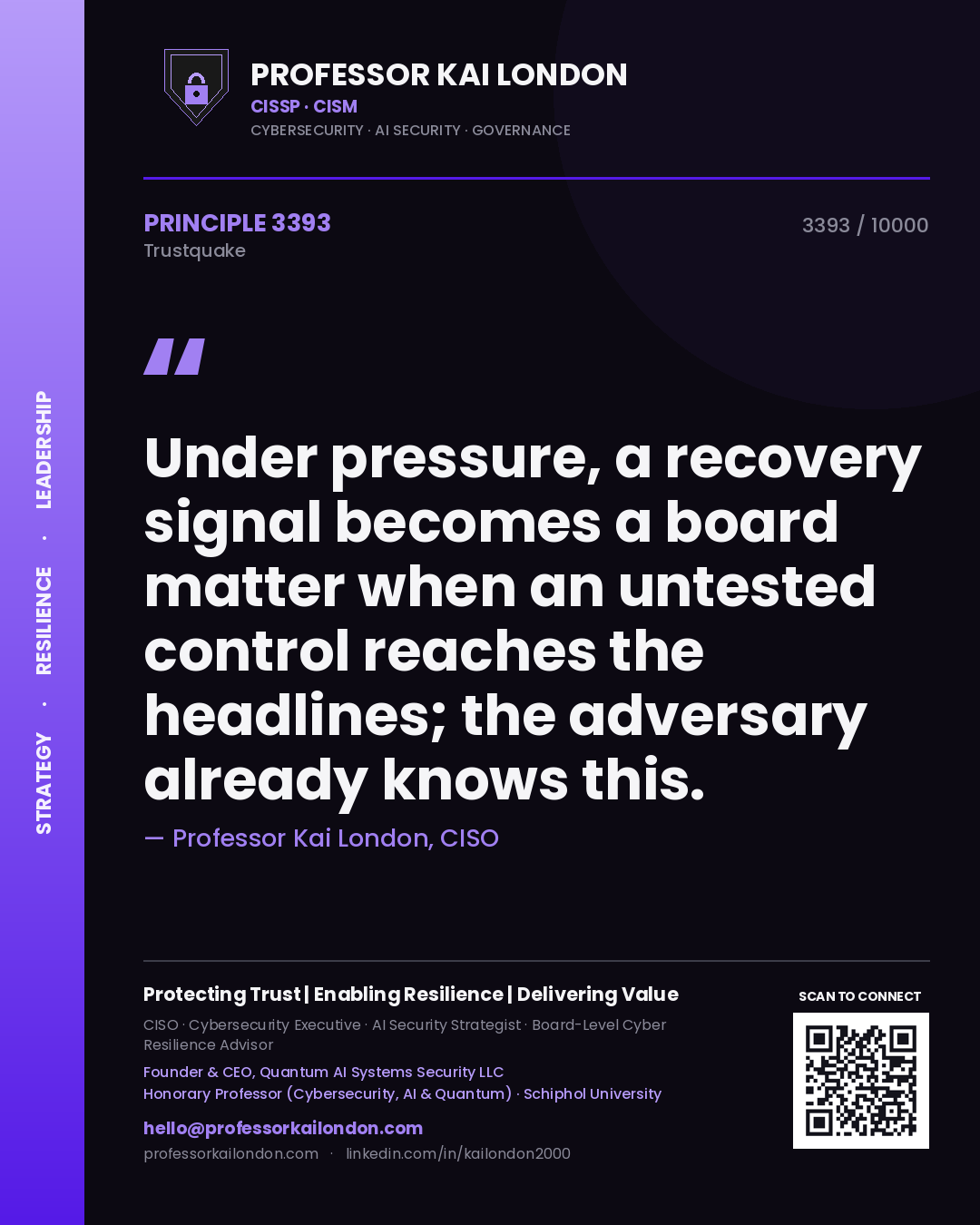 Quote card by Professor Kai London reading 'Under pressure, a recovery signal becomes a board matter when an untested control reaches the headlines; the adversary already knows this.'. From the book Trustquake.