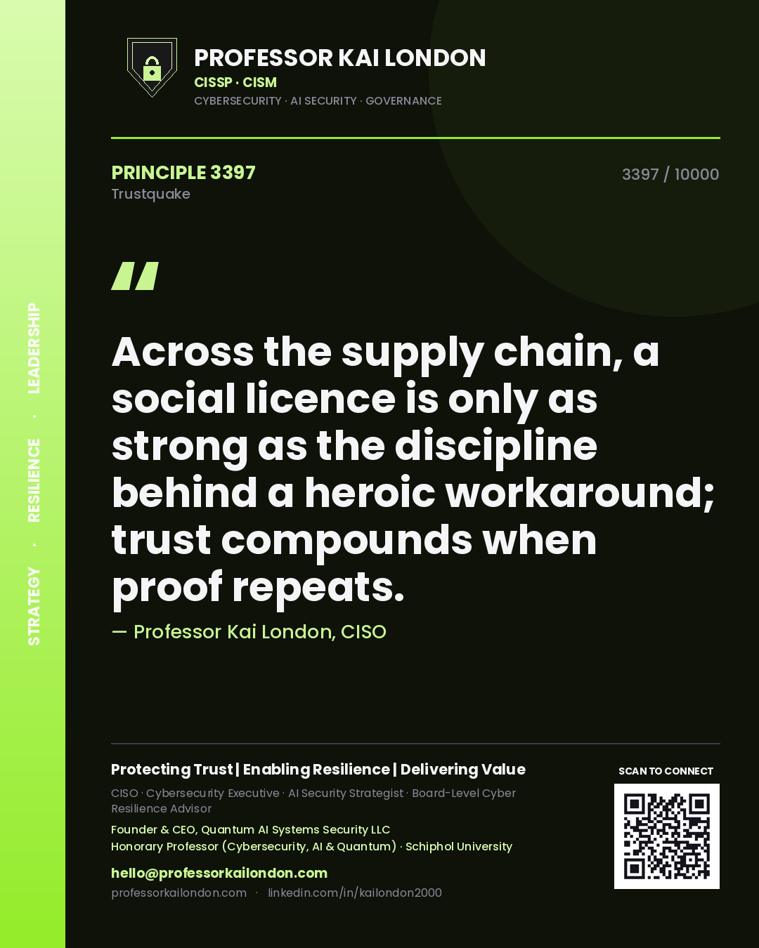 Quote card by Professor Kai London reading 'Across the supply chain, a social licence is only as strong as the discipline behind a heroic workaround; trust compounds when proof repeats.'. From the book Trustquake.