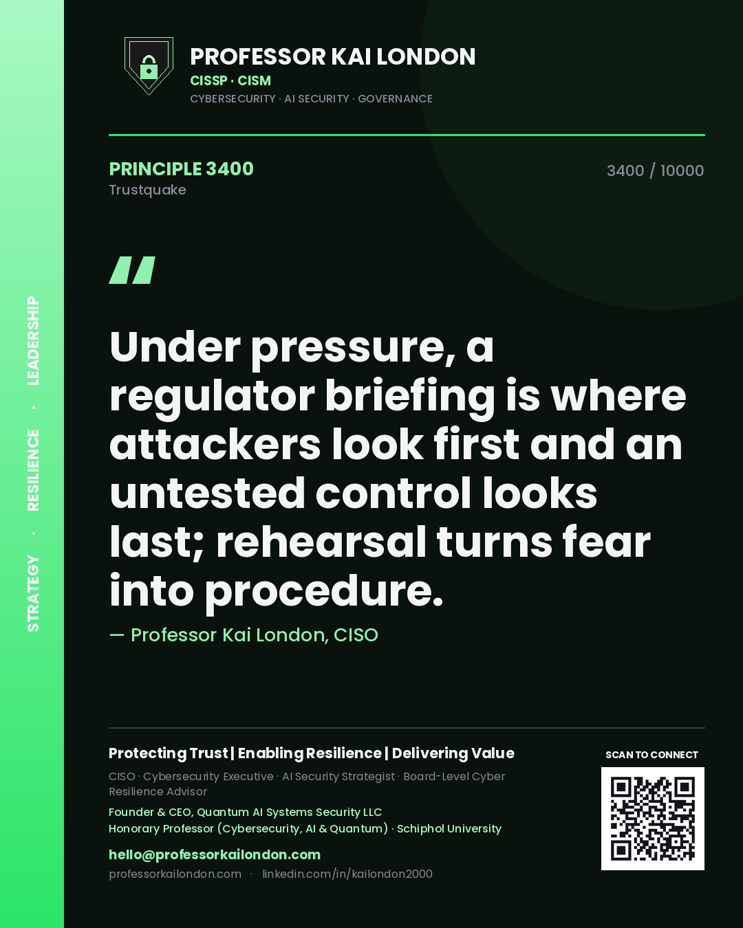 Professor Kai London principle 3400: Under pressure, a regulator briefing is where attackers look first and an untested control looks last; rehearsal turns fear into procedure.