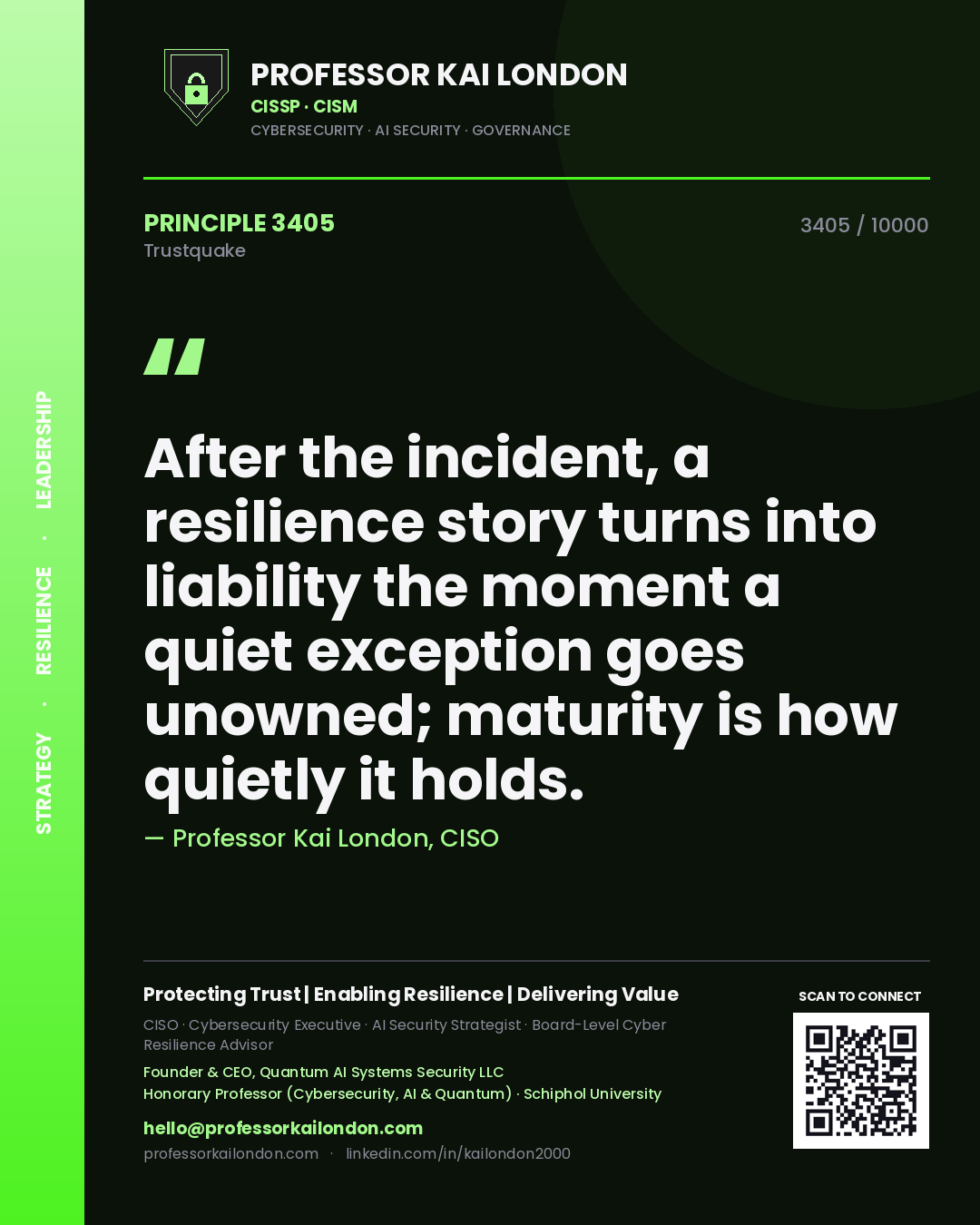 Quote card by Professor Kai London reading 'After the incident, a resilience story turns into liability the moment a quiet exception goes unowned; maturity is how quietly it holds.'. From the book Trustquake.