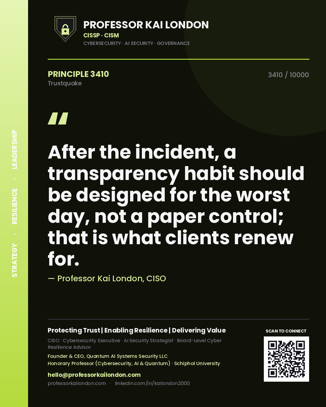 Quote card by Professor Kai London reading 'After the incident, a transparency habit should be designed for the worst day, not a paper control; that is what clients renew for.'. From the book Trustquake.
