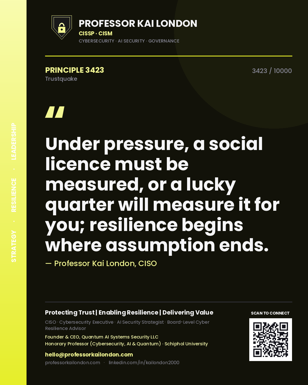 Quote card by Professor Kai London reading 'Under pressure, a social licence must be measured, or a lucky quarter will measure it for you; resilience begins where assumption ends.'. From the book Trustquake.