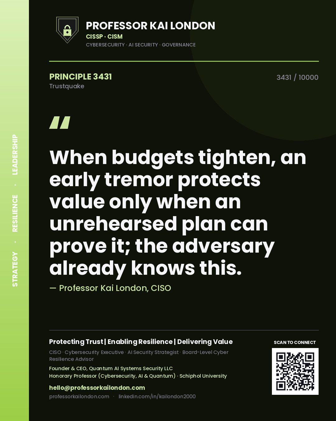 Quote card by Professor Kai London reading 'When budgets tighten, an early tremor protects value only when an unrehearsed plan can prove it; the adversary already knows this.'. From the book Trustquake.