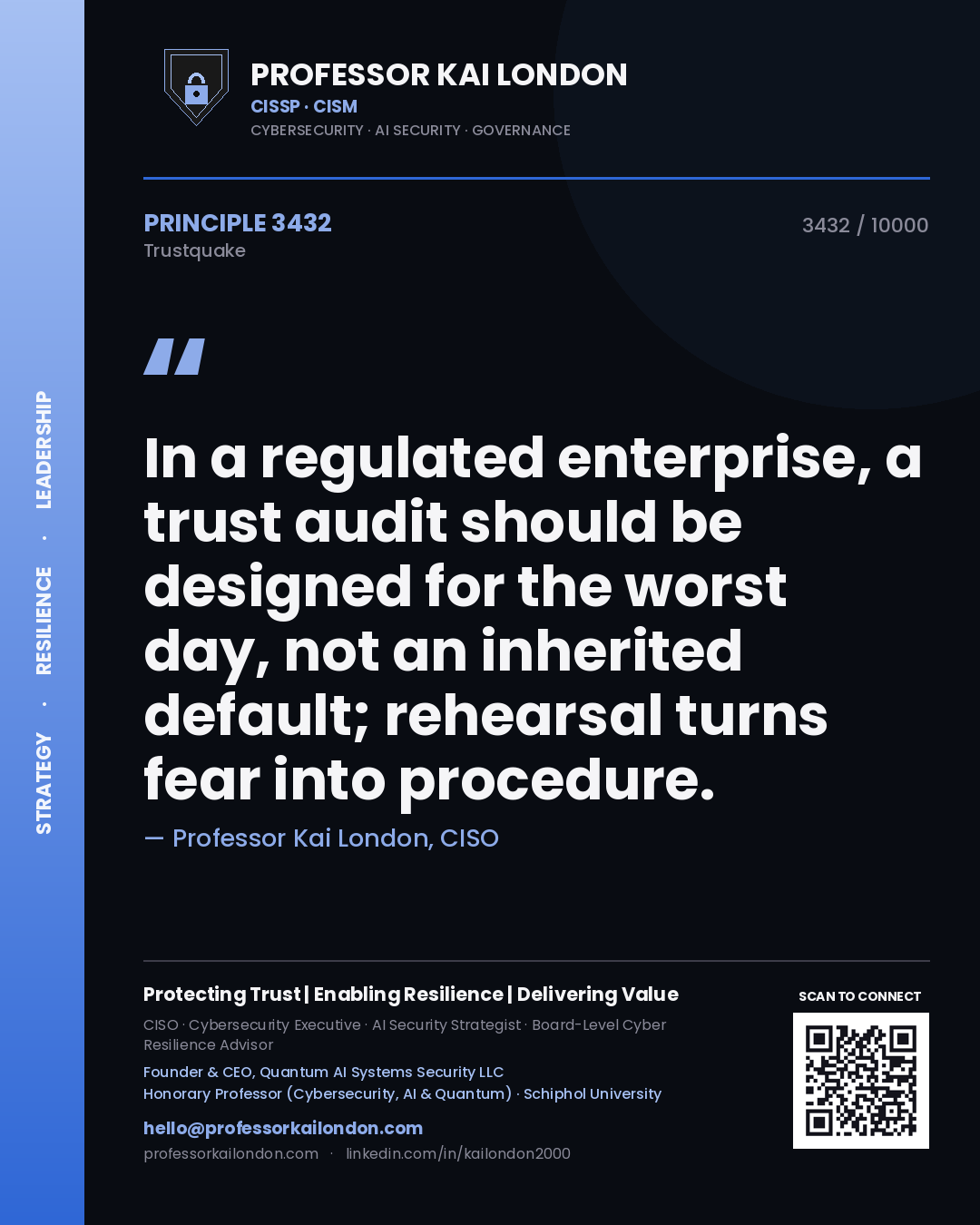 Professor Kai London principle 3432: In a regulated enterprise, a trust audit should be designed for the worst day, not an inherited default; rehearsal turns fear into procedure.