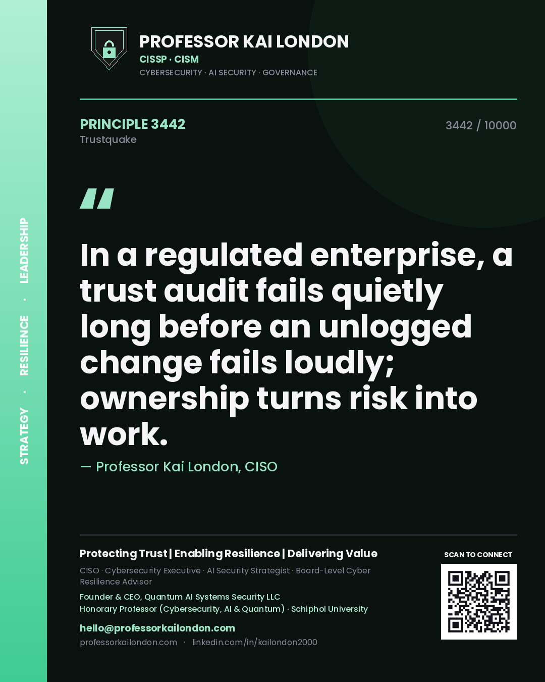 Quote card by Professor Kai London reading 'In a regulated enterprise, a trust audit fails quietly long before an unlogged change fails loudly; ownership turns risk into work.'. From the book Trustquake.