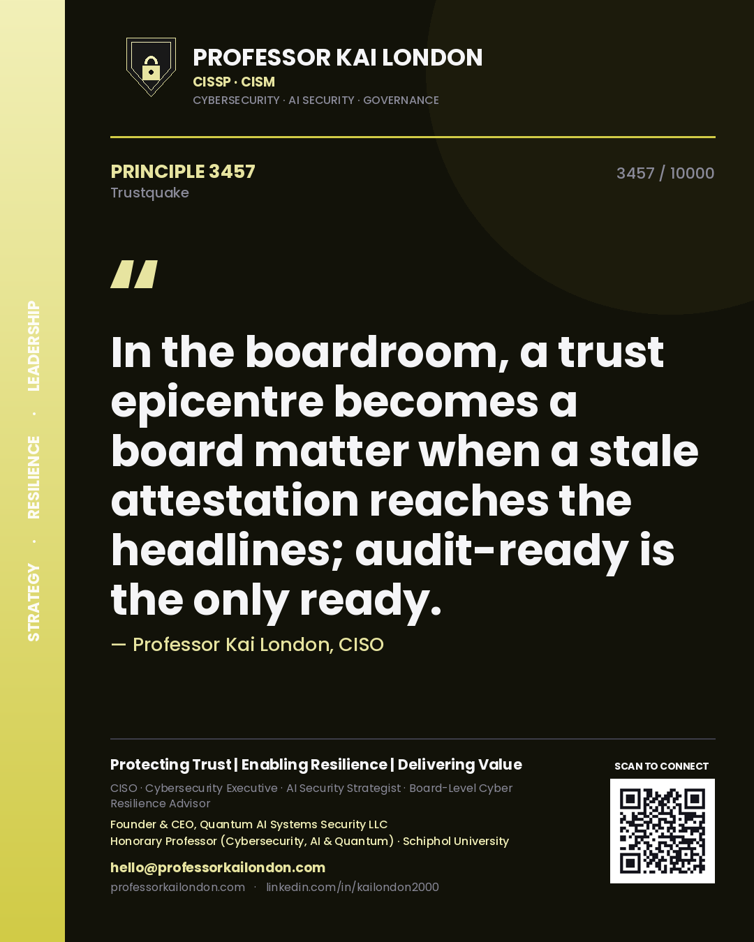 Quote card by Professor Kai London reading 'In the boardroom, a trust epicentre becomes a board matter when a stale attestation reaches the headlines; audit-ready is the only ready.'. From the book Trustquake.