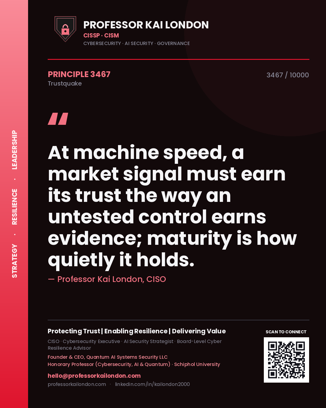 Quote card by Professor Kai London reading 'At machine speed, a market signal must earn its trust the way an untested control earns evidence; maturity is how quietly it holds.'. From the book Trustquake.