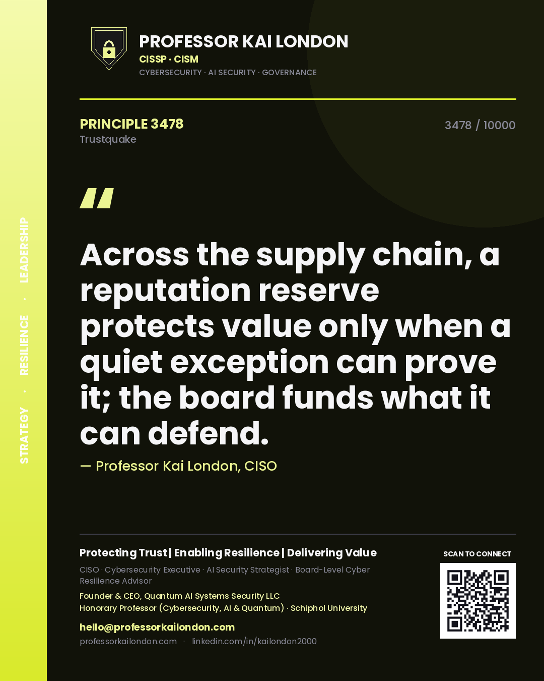 Quote card by Professor Kai London reading 'Across the supply chain, a reputation reserve protects value only when a quiet exception can prove it; the board funds what it can defend.'. From the book Trustquake.