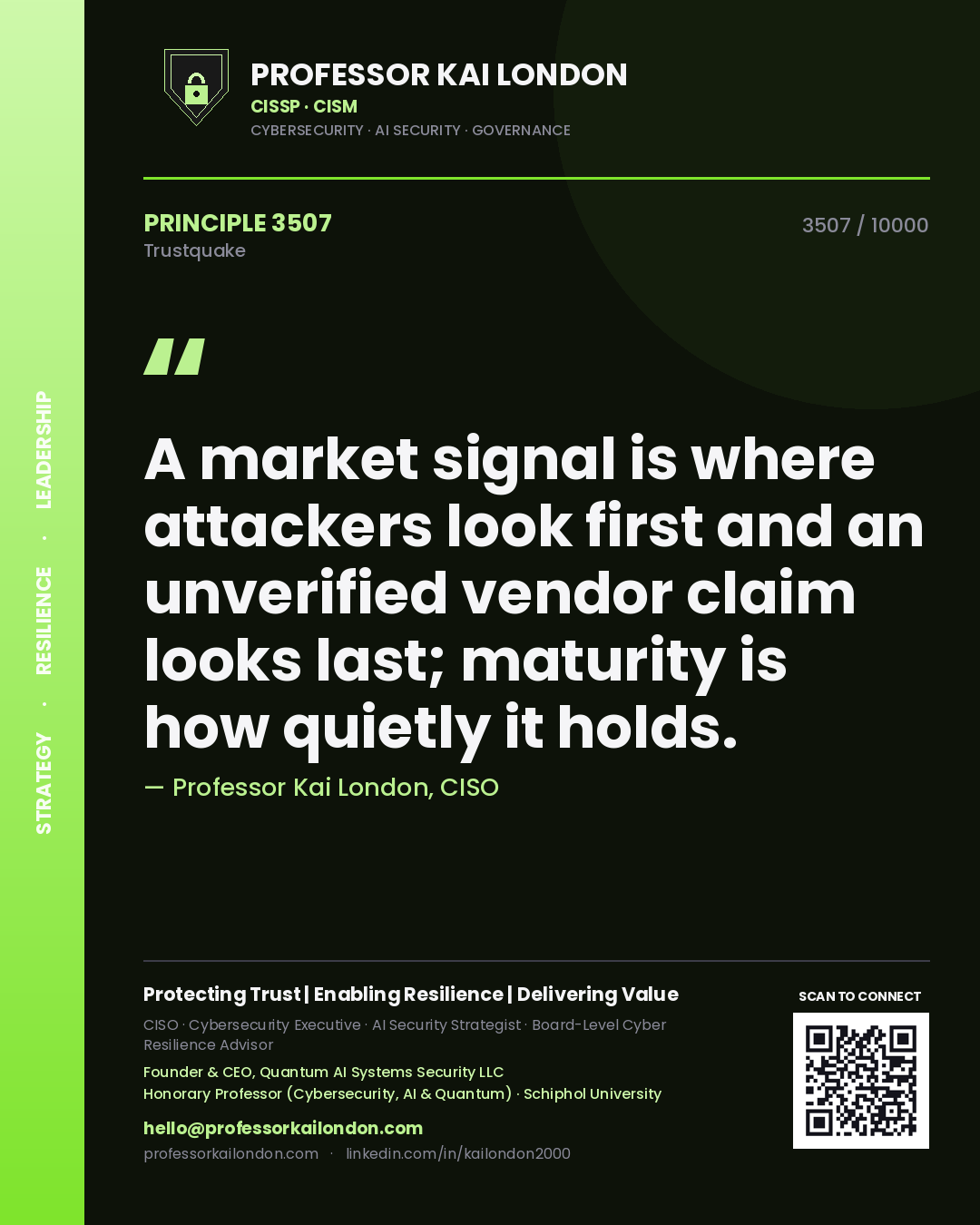 Quote card by Professor Kai London reading 'A market signal is where attackers look first and an unverified vendor claim looks last; maturity is how quietly it holds.'. From the book Trustquake.