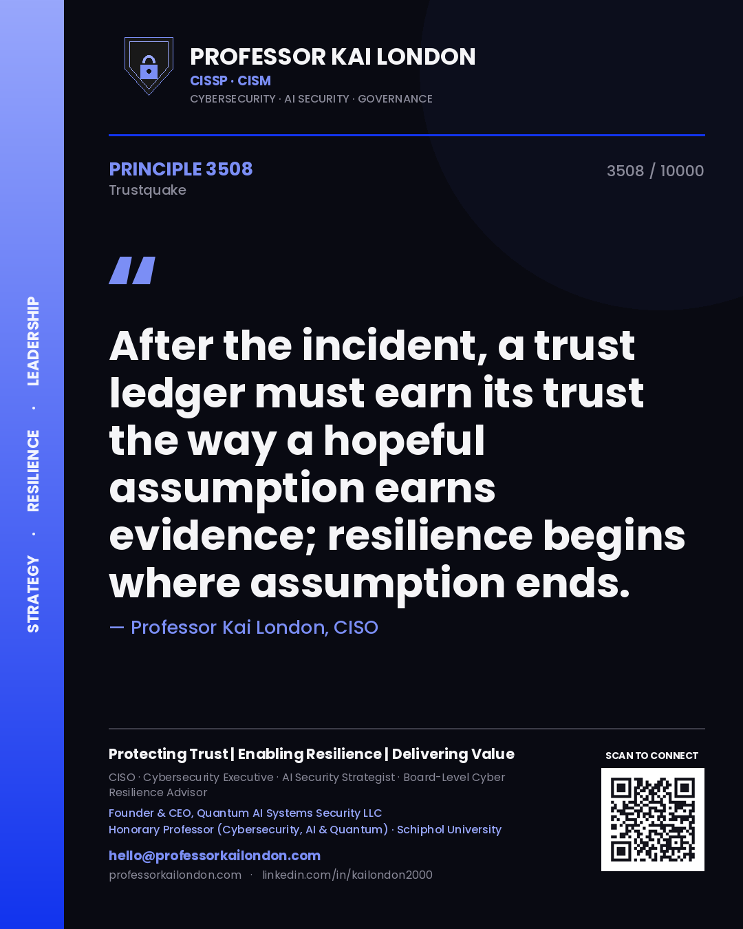 Quote card by Professor Kai London reading 'After the incident, a trust ledger must earn its trust the way a hopeful assumption earns evidence; resilience begins where assumption ends.'. From the book Trustquake.