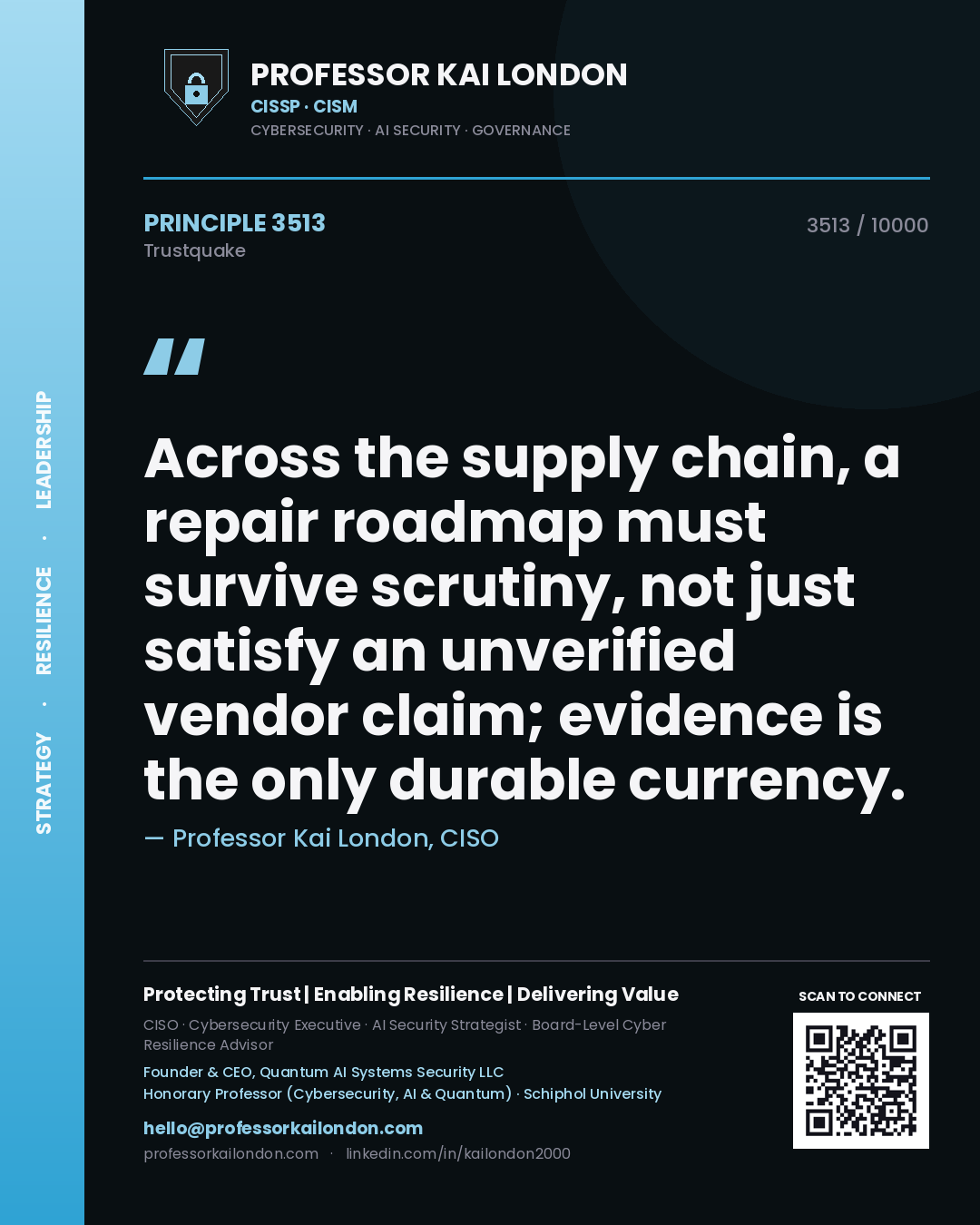 Quote card by Professor Kai London reading 'Across the supply chain, a repair roadmap must survive scrutiny, not just satisfy an unverified vendor claim; evidence is the only durable currency.'. From the book Trustquake.