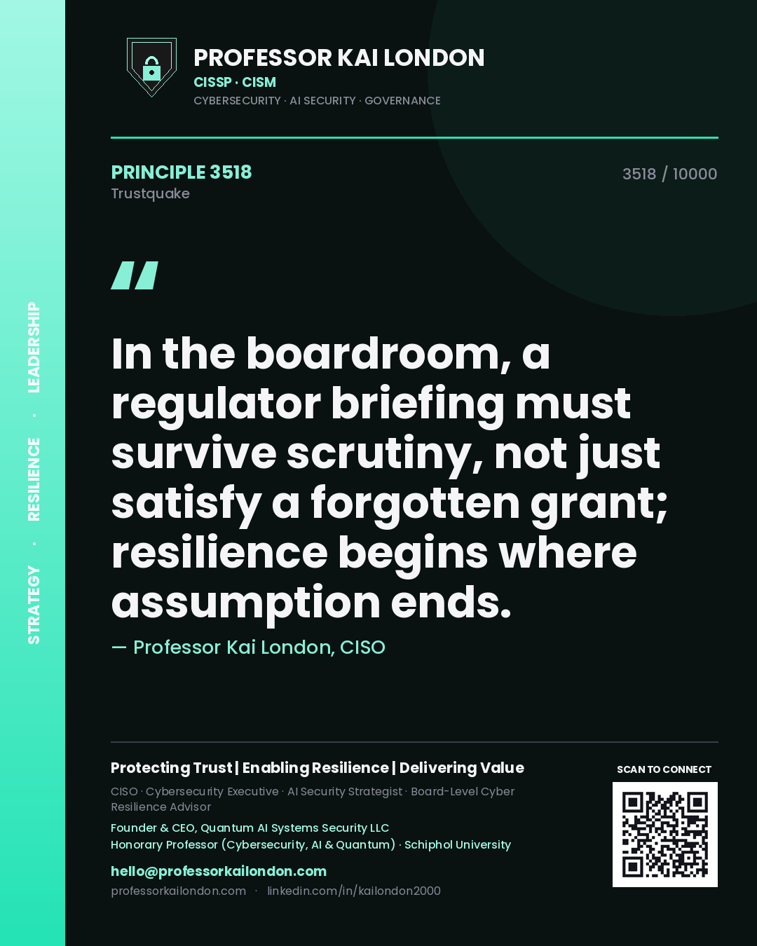 Quote card by Professor Kai London reading 'In the boardroom, a regulator briefing must survive scrutiny, not just satisfy a forgotten grant; resilience begins where assumption ends.'. From the book Trustquake.