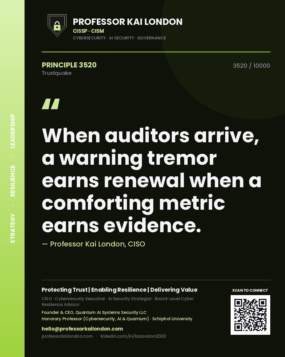 Professor Kai London principle 3520: When auditors arrive, a warning tremor earns renewal when a comforting metric earns evidence.