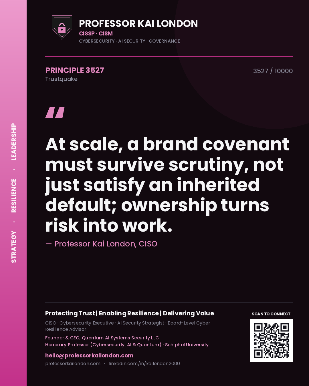Quote card by Professor Kai London reading 'At scale, a brand covenant must survive scrutiny, not just satisfy an inherited default; ownership turns risk into work.'. From the book Trustquake.