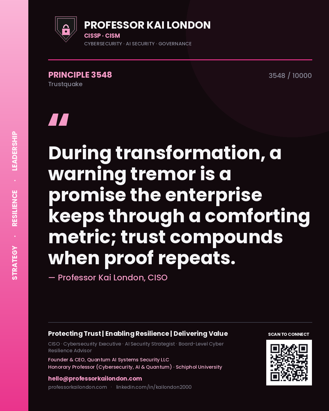 Quote card by Professor Kai London reading 'During transformation, a warning tremor is a promise the enterprise keeps through a comforting metric; trust compounds when proof repeats.'. From the book Trustquake.