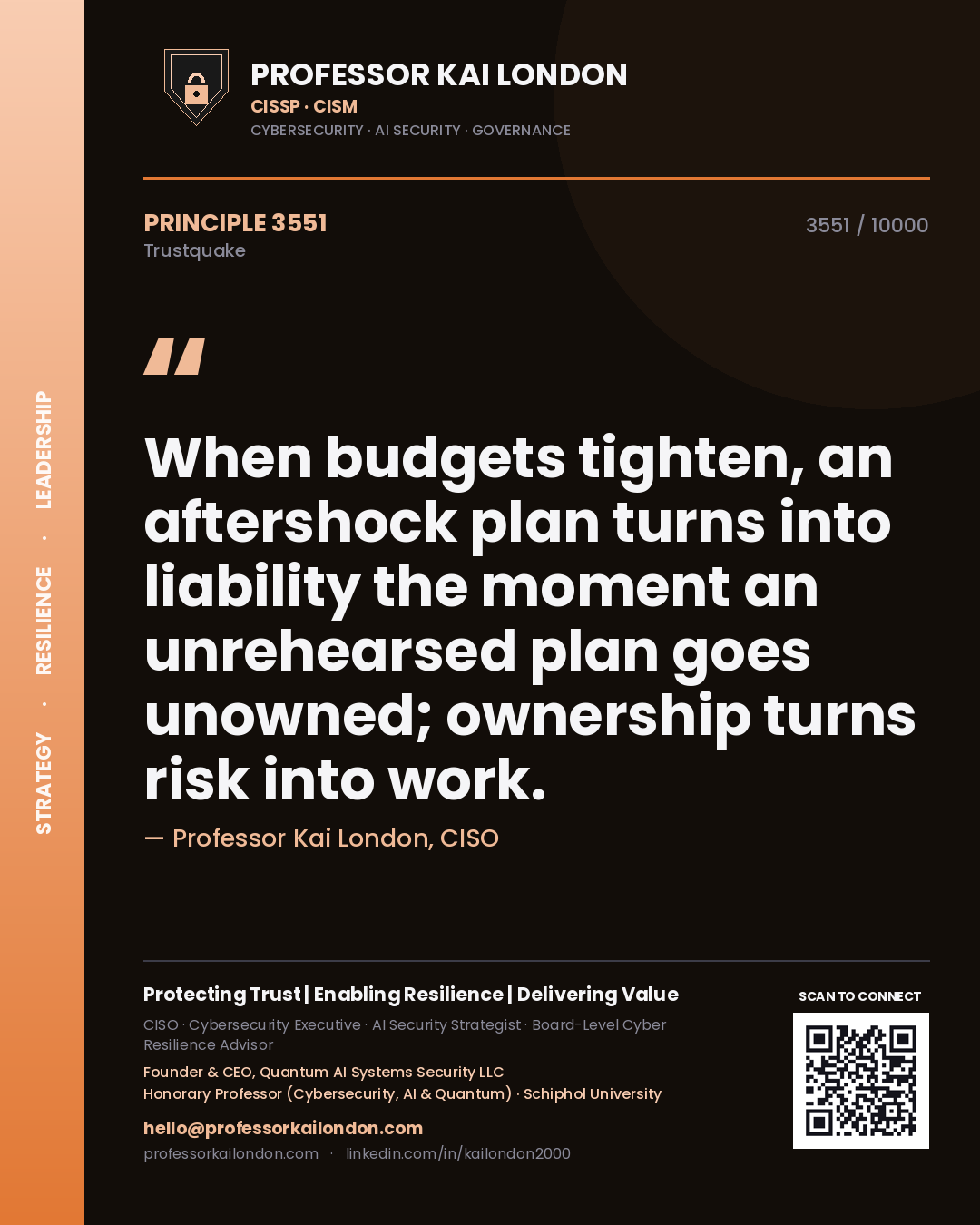 Quote card by Professor Kai London reading 'When budgets tighten, an aftershock plan turns into liability the moment an unrehearsed plan goes unowned; ownership turns risk into work.'. From the book Trustquake.