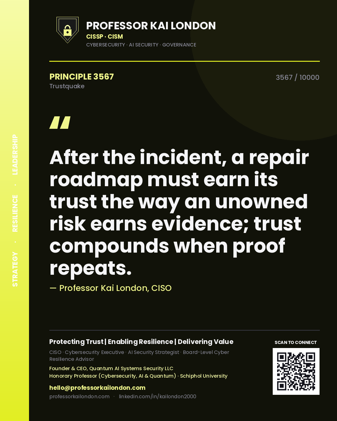 Quote card by Professor Kai London reading 'After the incident, a repair roadmap must earn its trust the way an unowned risk earns evidence; trust compounds when proof repeats.'. From the book Trustquake.