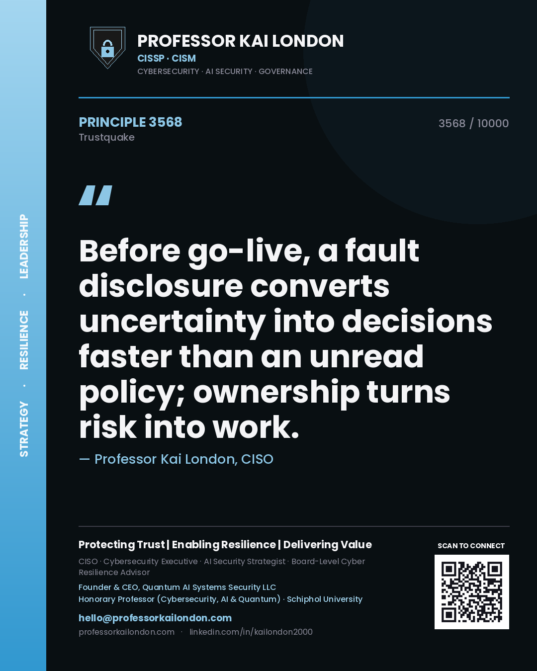 Quote card by Professor Kai London reading 'Before go-live, a fault disclosure converts uncertainty into decisions faster than an unread policy; ownership turns risk into work.'. From the book Trustquake.