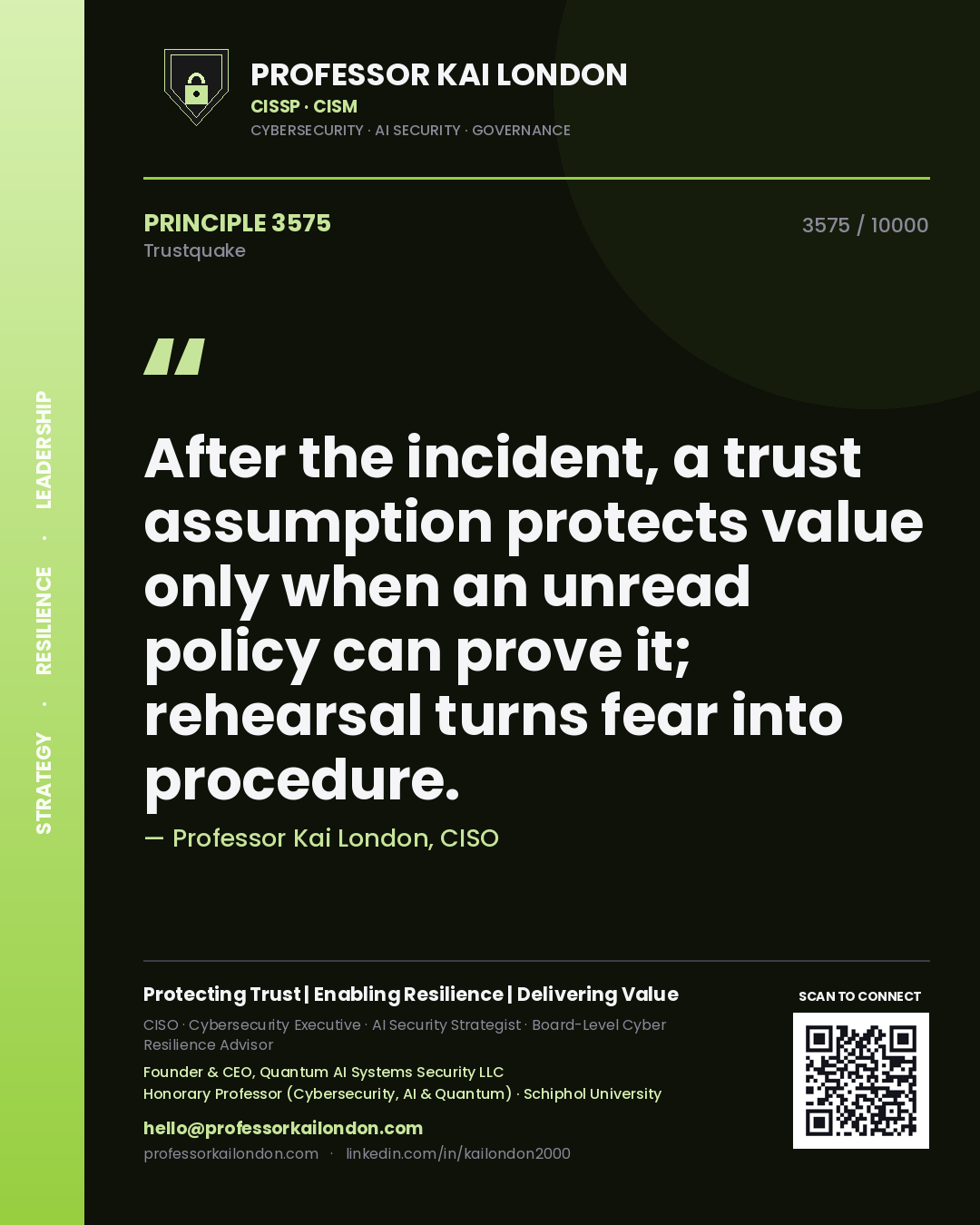 Quote card by Professor Kai London reading 'After the incident, a trust assumption protects value only when an unread policy can prove it; rehearsal turns fear into procedure.'. From the book Trustquake.