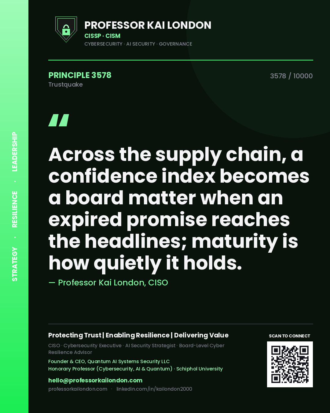Quote card by Professor Kai London reading 'Across the supply chain, a confidence index becomes a board matter when an expired promise reaches the headlines; maturity is how quietly it holds.'. From the book Trustquake.