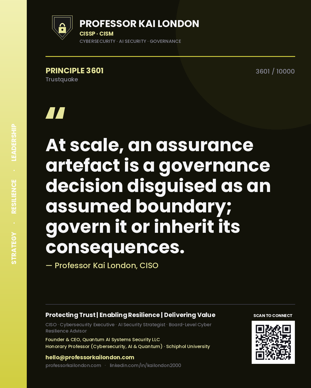 Professor Kai London principle 3601: At scale, an assurance artefact is a governance decision disguised as an assumed boundary; govern it or inherit its consequences.