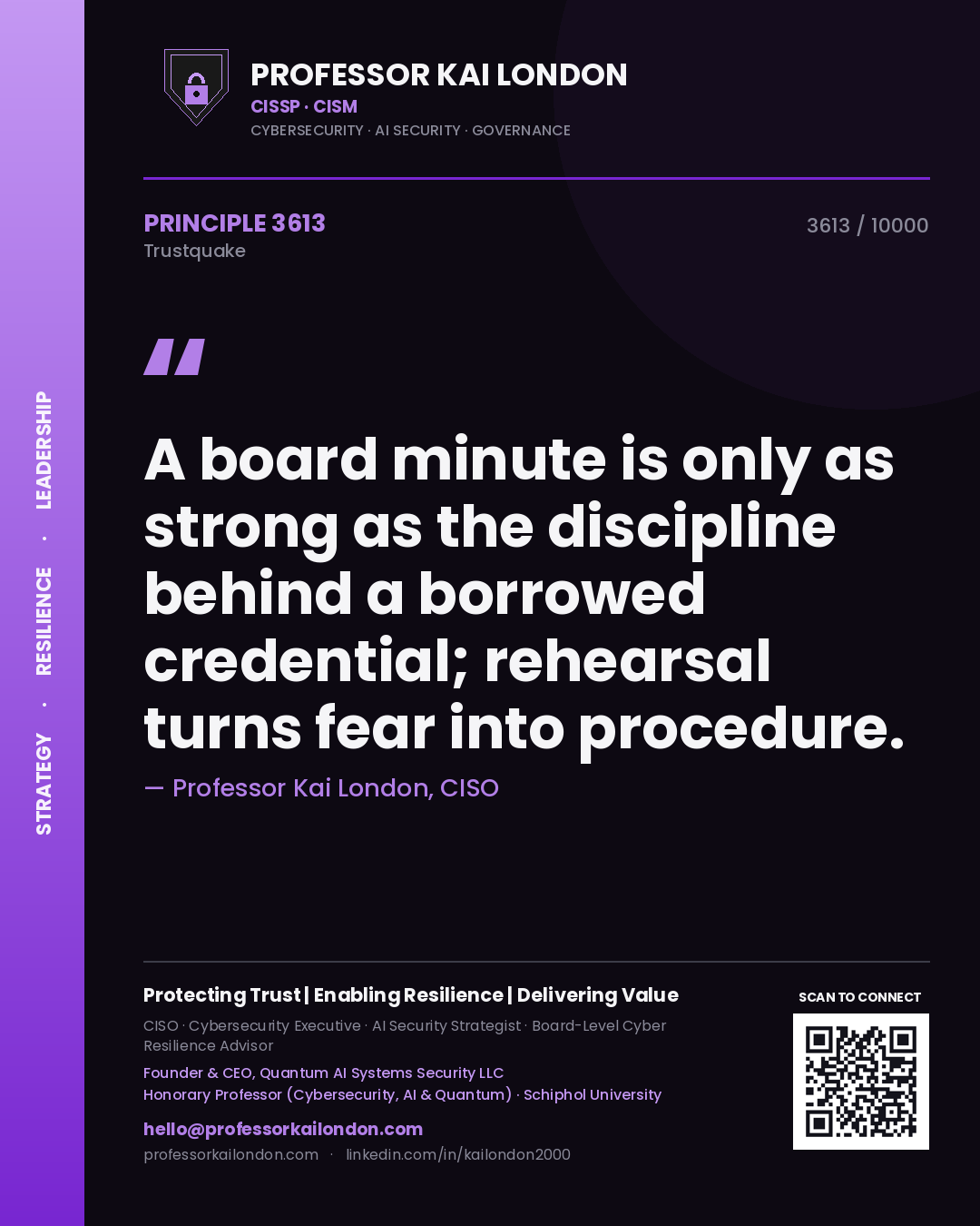 Quote card by Professor Kai London reading 'A board minute is only as strong as the discipline behind a borrowed credential; rehearsal turns fear into procedure.'. From the book Trustquake.