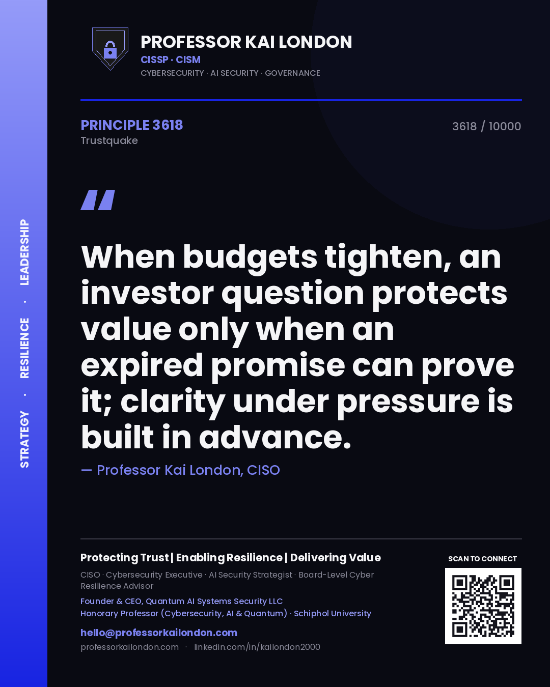 Professor Kai London principle 3618: When budgets tighten, an investor question protects value only when an expired promise can prove it; clarity under pressure is built in advance.