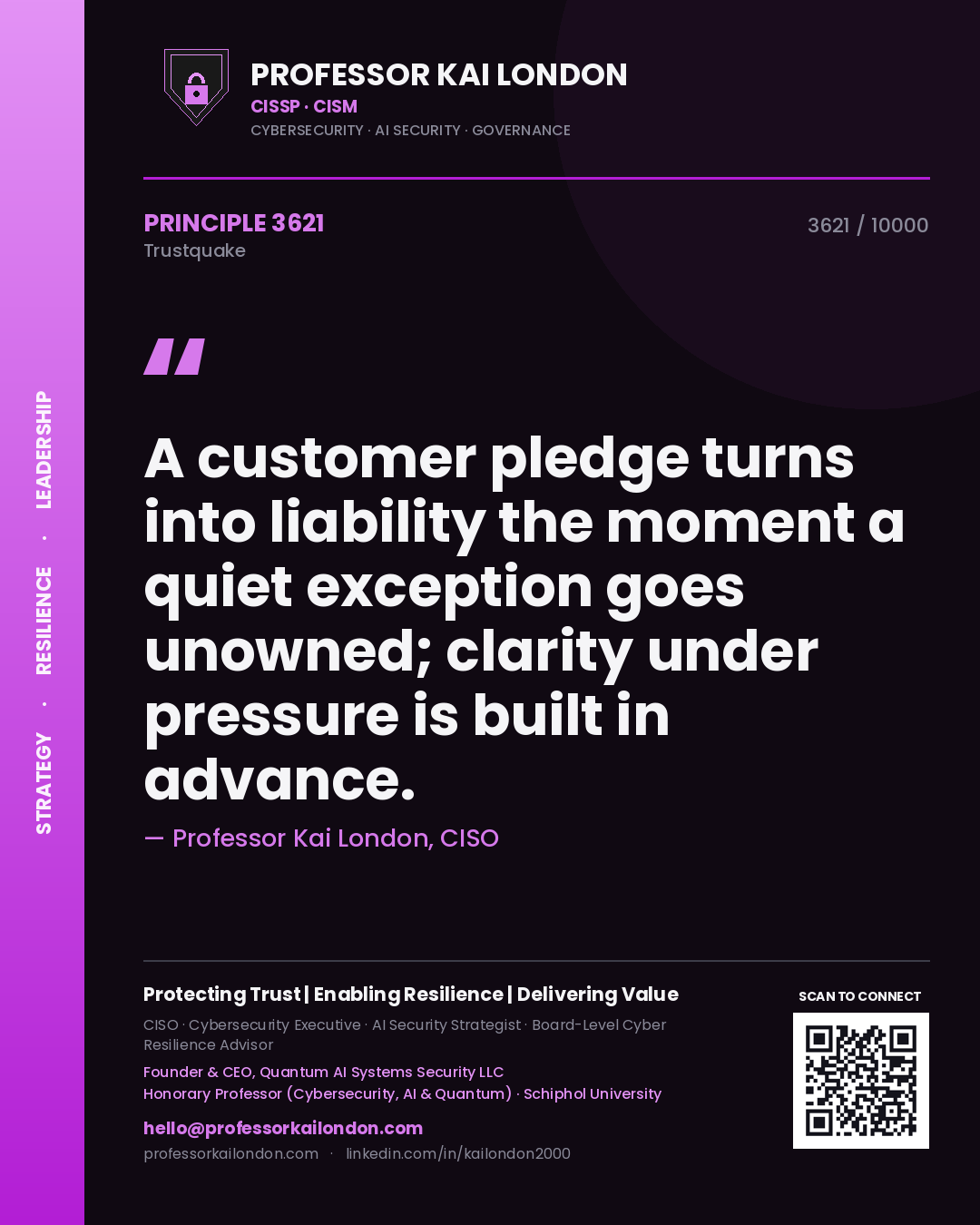 Quote card by Professor Kai London reading 'A customer pledge turns into liability the moment a quiet exception goes unowned; clarity under pressure is built in advance.'. From the book Trustquake.