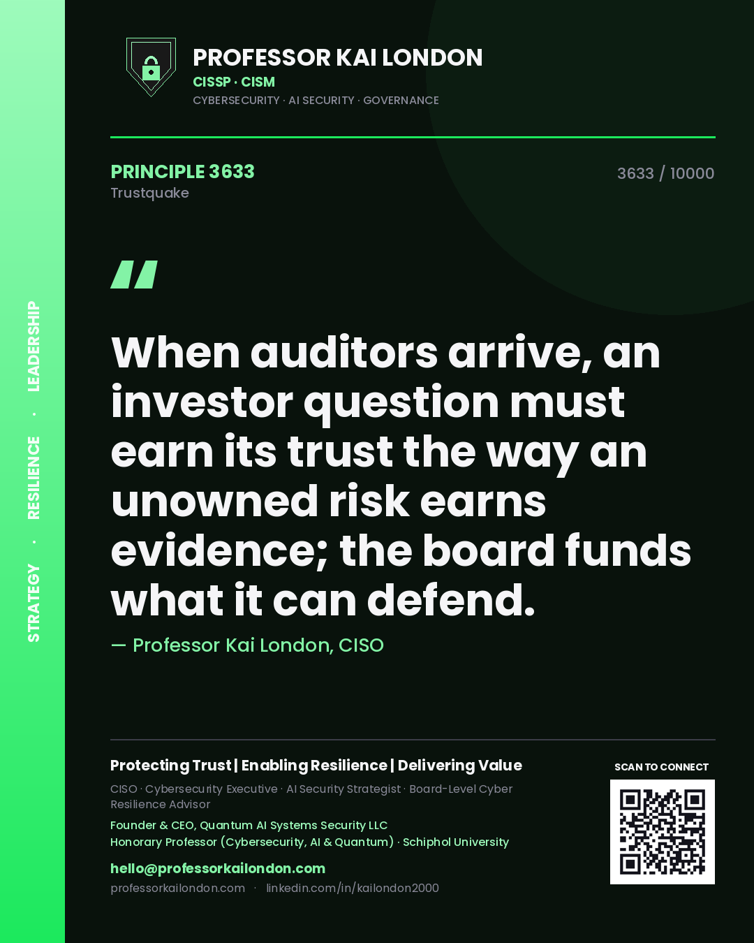 Professor Kai London principle 3633: When auditors arrive, an investor question must earn its trust the way an unowned risk earns evidence; the board funds what it can defend.