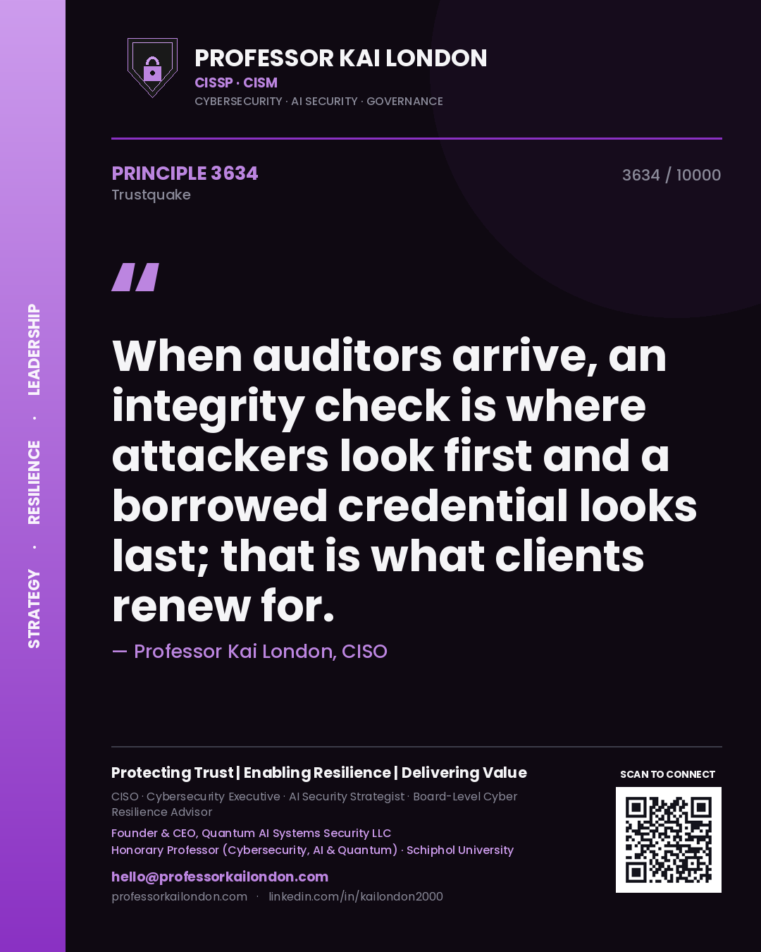 Quote card by Professor Kai London reading 'When auditors arrive, an integrity check is where attackers look first and a borrowed credential looks last; that is what clients renew for.'. From the book Trustquake.