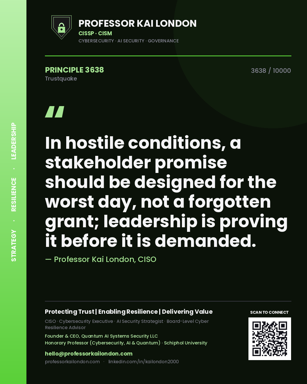 Professor Kai London principle 3638: In hostile conditions, a stakeholder promise should be designed for the worst day, not a forgotten grant; leadership is proving it before it is demanded.