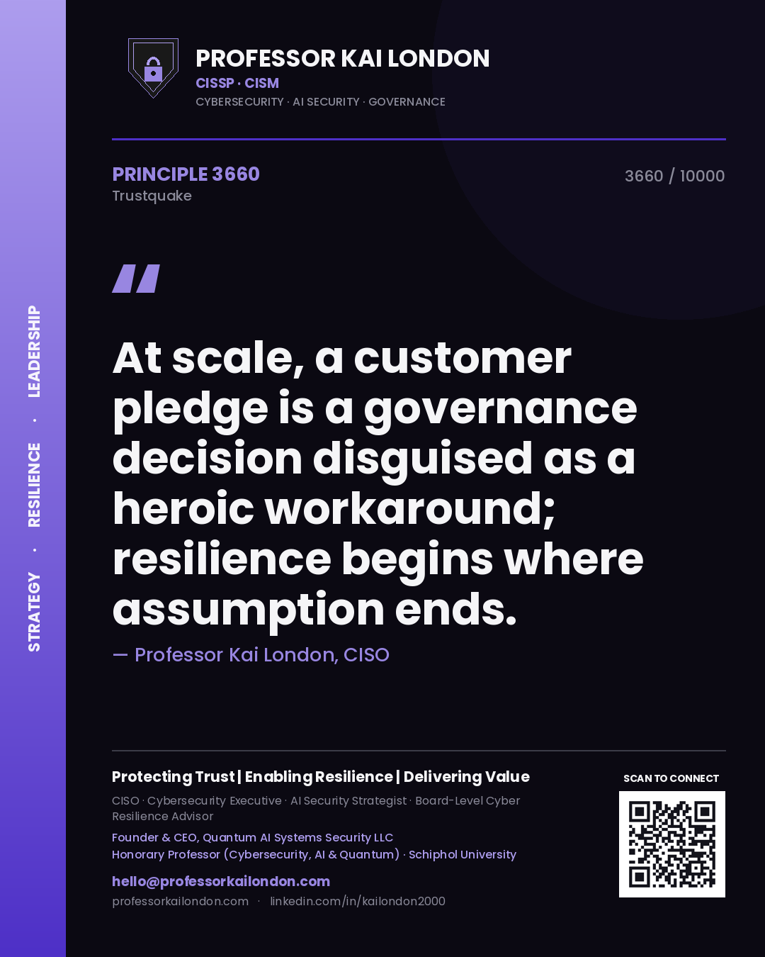 Quote card by Professor Kai London reading 'At scale, a customer pledge is a governance decision disguised as a heroic workaround; resilience begins where assumption ends.'. From the book Trustquake.