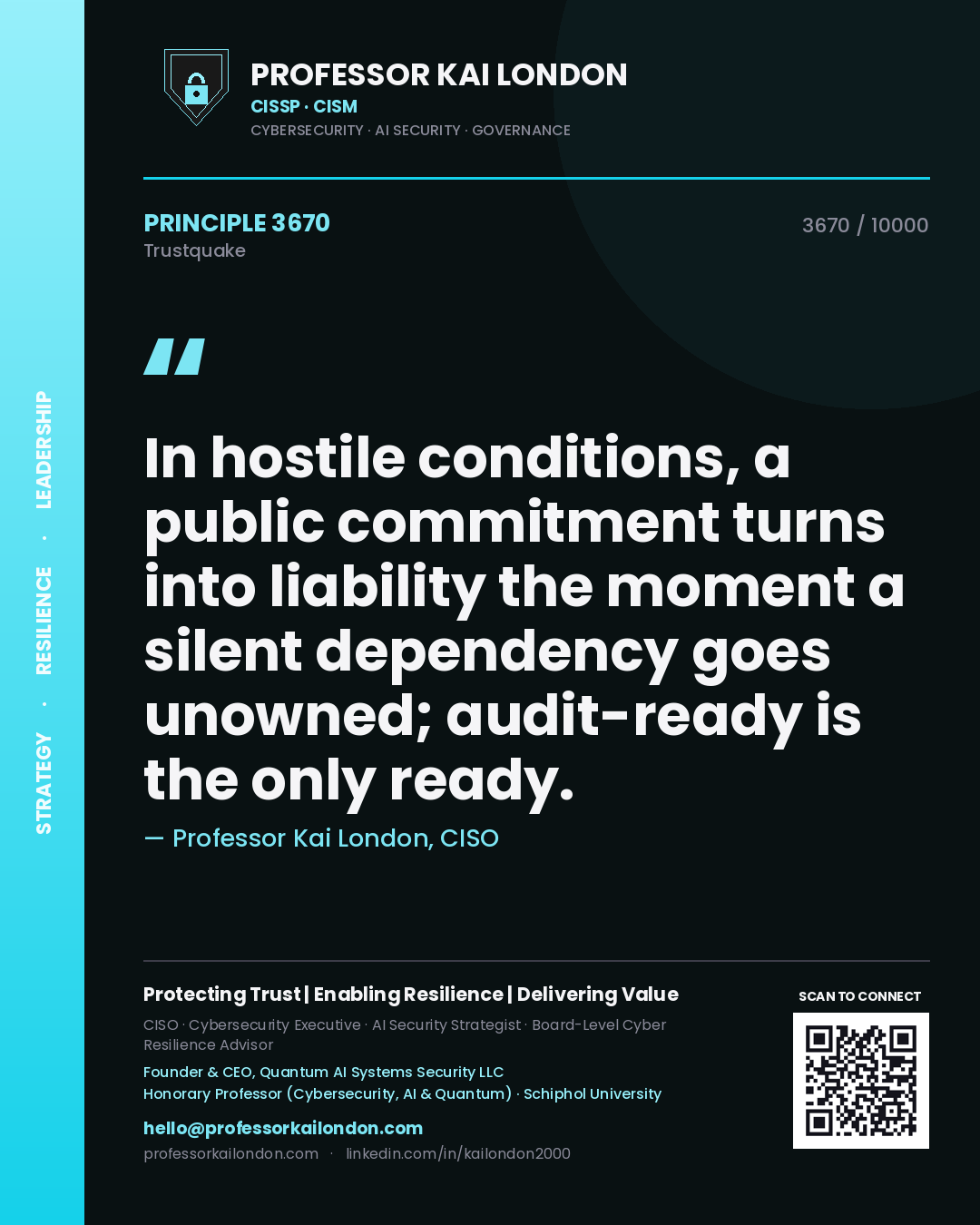 Quote card by Professor Kai London reading 'In hostile conditions, a public commitment turns into liability the moment a silent dependency goes unowned; audit-ready is the only ready.'. From the book Trustquake.