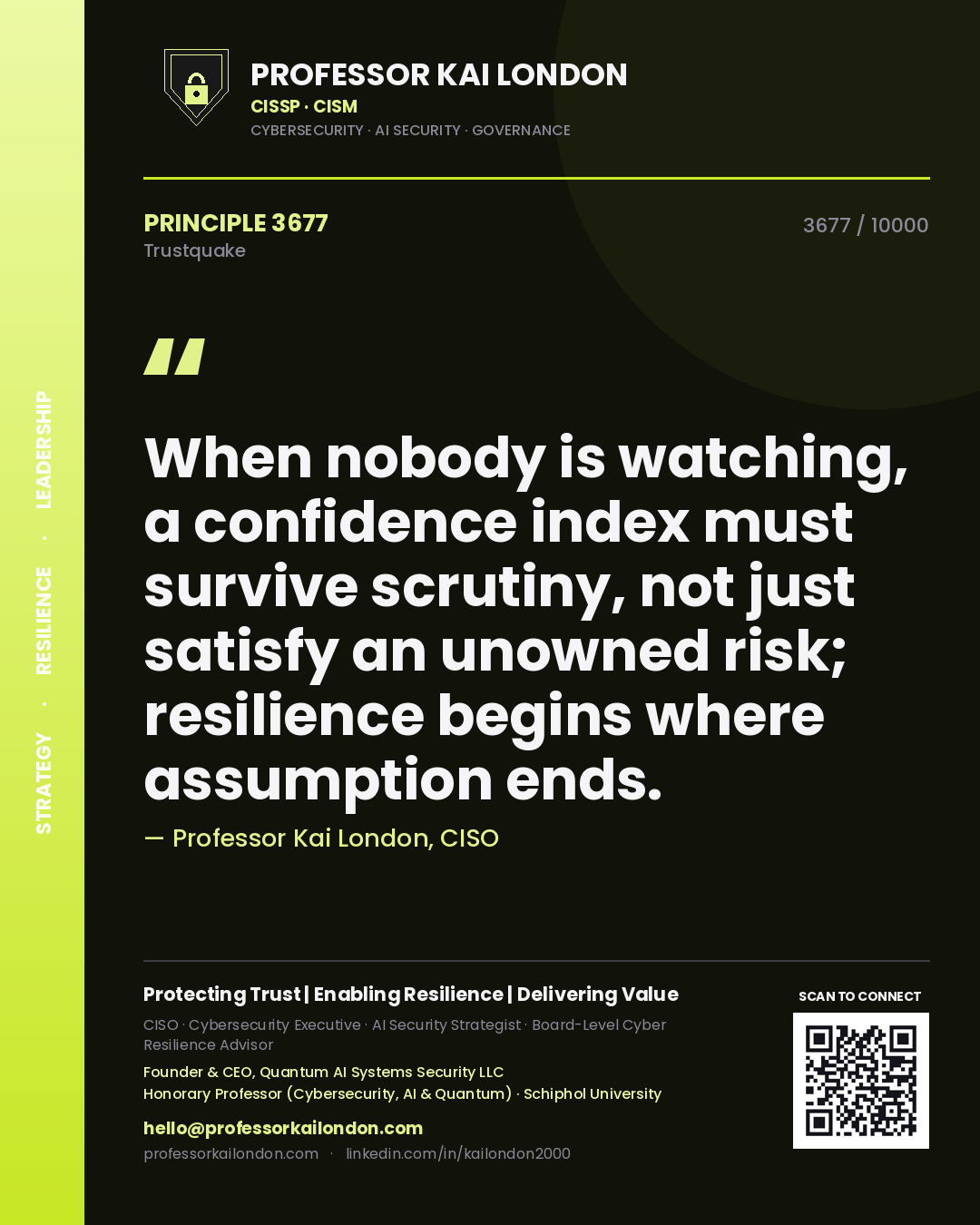 Professor Kai London principle 3677: When nobody is watching, a confidence index must survive scrutiny, not just satisfy an unowned risk; resilience begins where assumption ends.