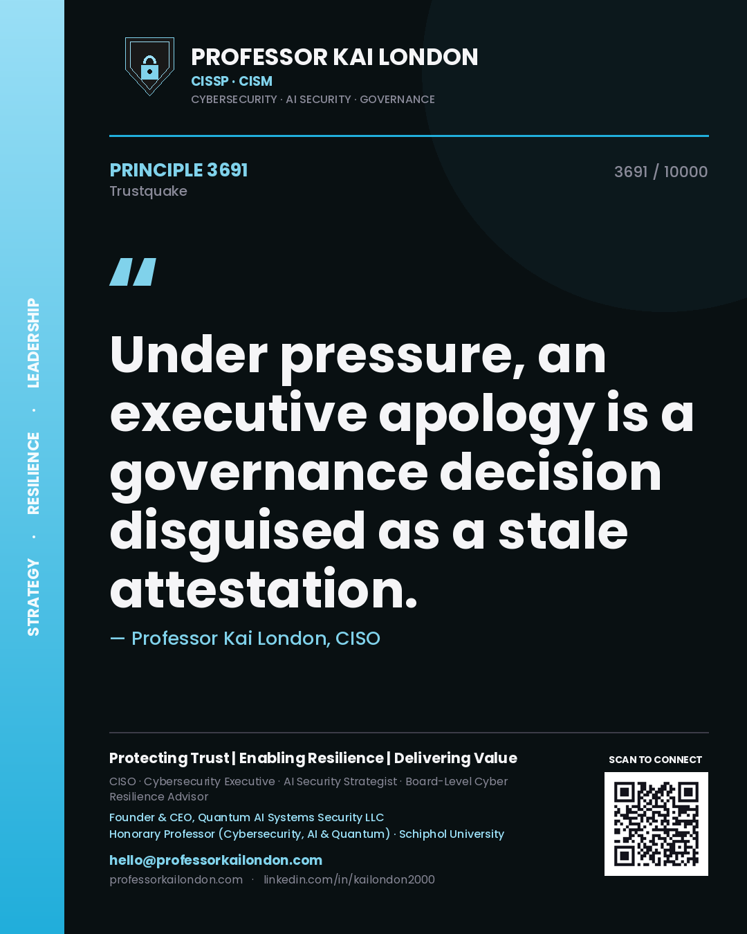 Quote card by Professor Kai London reading 'Under pressure, an executive apology is a governance decision disguised as a stale attestation.'. From the book Trustquake.